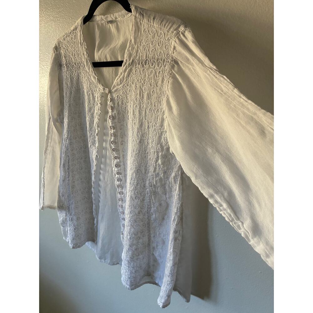Vintage White Embroidered Rayon Blouse Womens M Boho Cottagecore Button Front - Picture 4 of 11